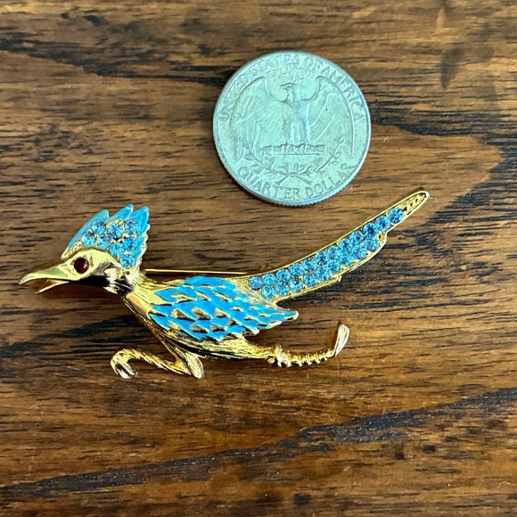 VTG Roadrunner Blue Rhinestone Brooch - Picture 2 of 3